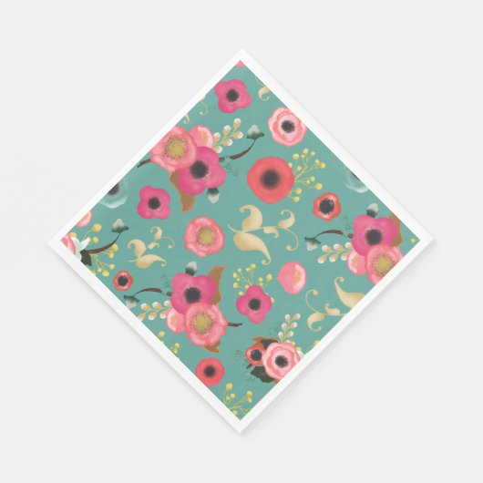 Blauwgroen Roze Modern Floral Pattern Party Servet (Hoek)