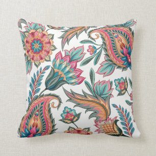 Blauwgroen Roze Oranje Paisley Floral Sierkussen