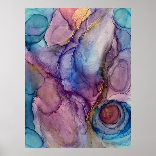 Blauwgroen, roze, Paarse en goudAbstracte Alcohol  Poster (Voorkant)