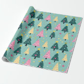 Blauwgroen roze retro kerstbomen cadeaupapier (Uitgerold)