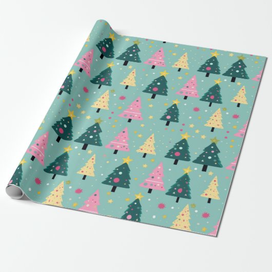 Blauwgroen roze retro kerstbomen cadeaupapier (Uitgerold)