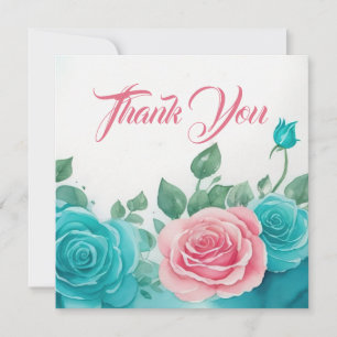 Blauwgroen & Roze Rose Waterverf Dank u Bedankkaart