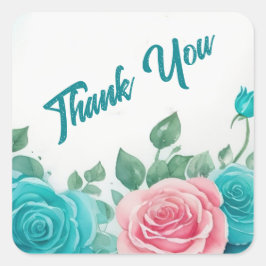 Blauwgroen & Roze Rose Waterverf Dank u Vierkante Sticker
