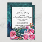 Blauwgroen roze rozen graven van Birthday Party Kaart (Voorkant / Achterkant)