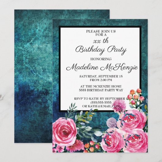 Blauwgroen roze rozen graven van Birthday Party Kaart (Voorkant / Achterkant)