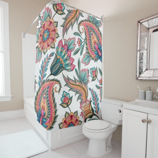 Blauwgroen, Roze Sinaasappel Paisley Bloemendouche Douchegordijn (In situ)