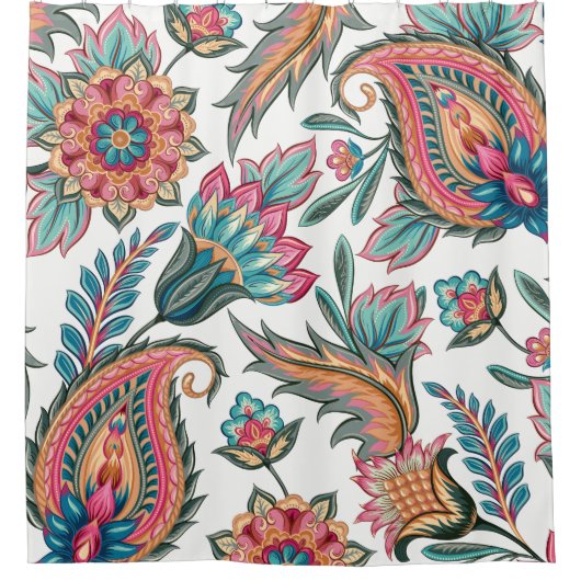 Blauwgroen, Roze Sinaasappel Paisley Bloemendouche Douchegordijn (Voorkant)