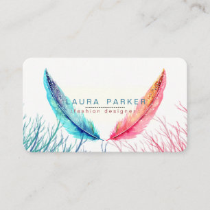 Blauwgroen roze veren Waterverf Boho Turquoise Visitekaartje
