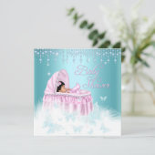  Blauwgroen roze vlinder Baby shower Kaart (Staand voorkant)