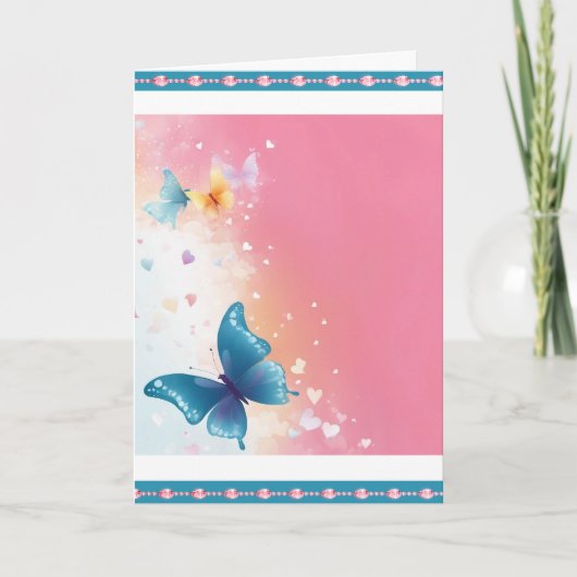  Blauwgroen & Roze Vlinder Wenskaart Aankondiging (Voorkant)