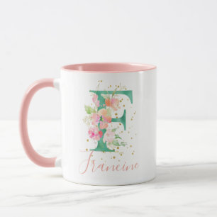 Blauwgroen Roze Waterverf Floral Monogram F Mok