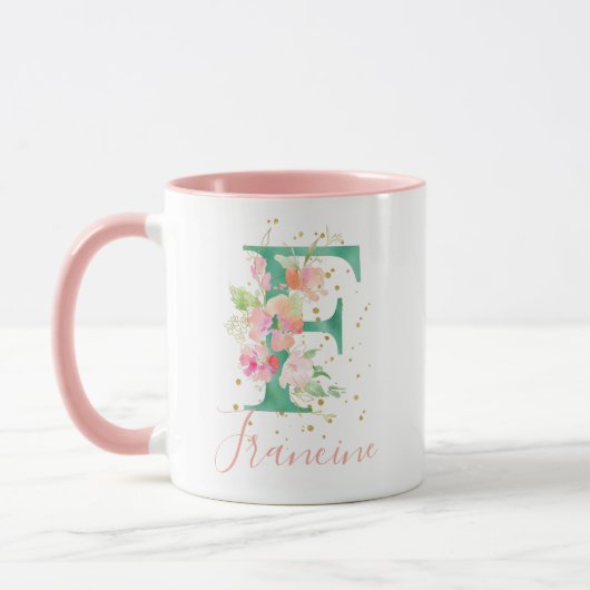 Blauwgroen Roze Waterverf Floral Monogram F Mok (Links)