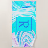 Blauwgroen Roze Witte Abstracte Golfpatronen Monog Strandlaken (Voorkant)