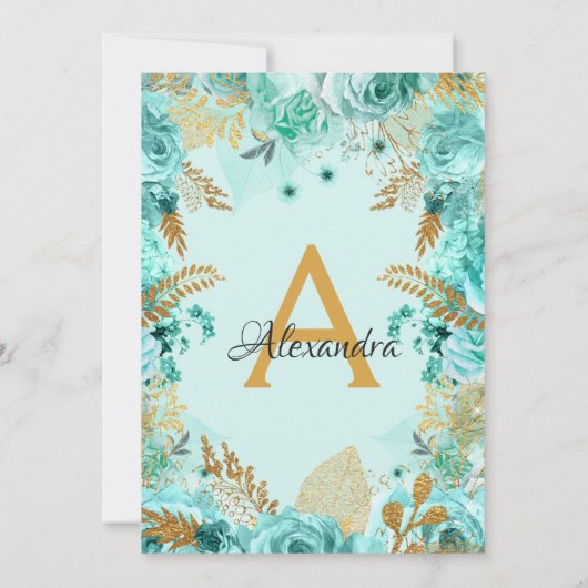 Blauwgroen Rozen Baby shower monogram Kaart (Achterkant)