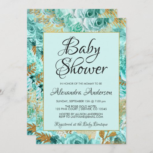 Blauwgroen Rozen Baby shower monogram Kaart (Voorkant / Achterkant)