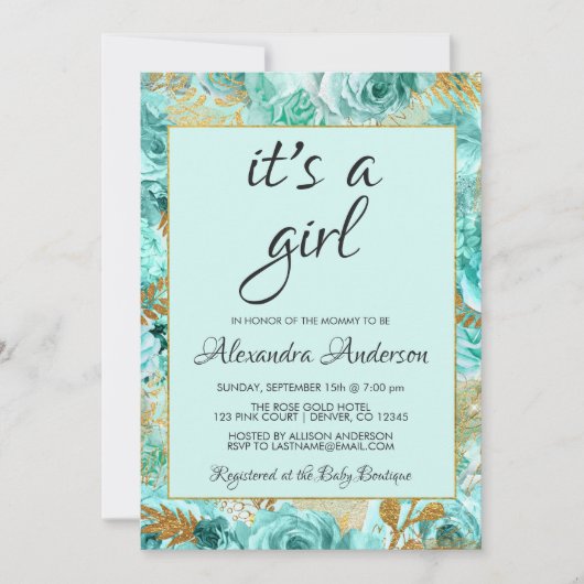 Blauwgroen Rozen Baby shower monogram Kaart (Voorkant)