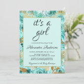 Blauwgroen Rozen Baby shower monogram Kaart (Staand voorkant)