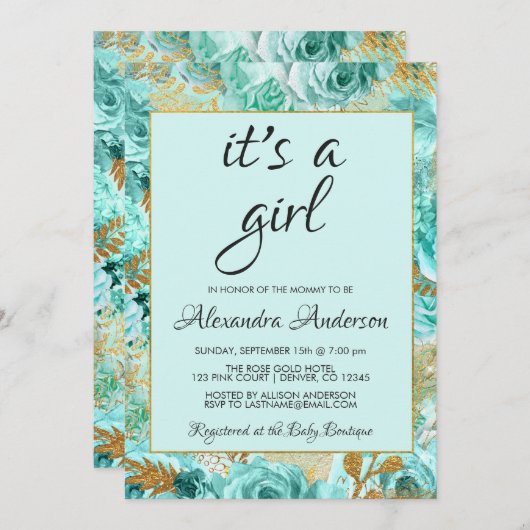 Blauwgroen Rozen Baby shower monogram Kaart (Voorkant / Achterkant)