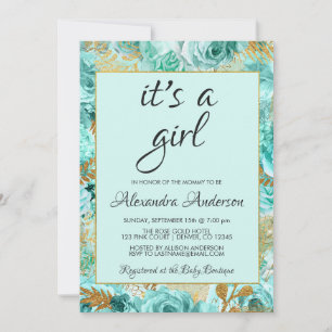 Blauwgroen Rozen Baby shower monogram Kaart