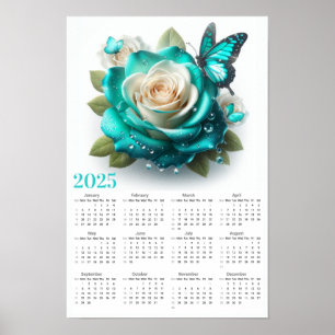 Blauwgroen Rozen en vlinders 2025 Kalender Poster