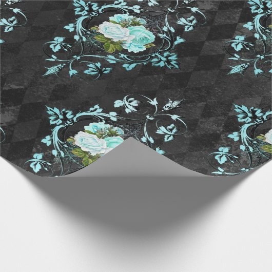  Blauwgroen Rozen en zwart Harlekijnpatroon Cadeaupapier (Hoek)