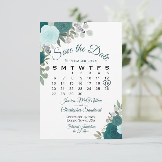 Blauwgroen Rozen Floral Elegant Boho Wedding Calen Save The Date (Staand voorkant)