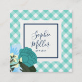 Blauwgroen Rozen Floral en Mint Gingham Vierkante Visitekaartje (Voorkant)