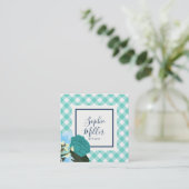 Blauwgroen Rozen Floral en Mint Gingham Vierkante Visitekaartje (Staand voorkant)
