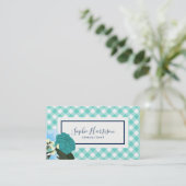 Blauwgroen Rozen Floral en Mint Gingham Visitekaartje (Staand voorkant)