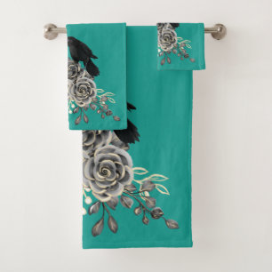 Blauwgroen Rozen Kraaien Ravens Bad Handdoek