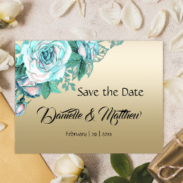 Blauwgroen Rozen op gouden bruiloft Save the Date Aankondigingskaart