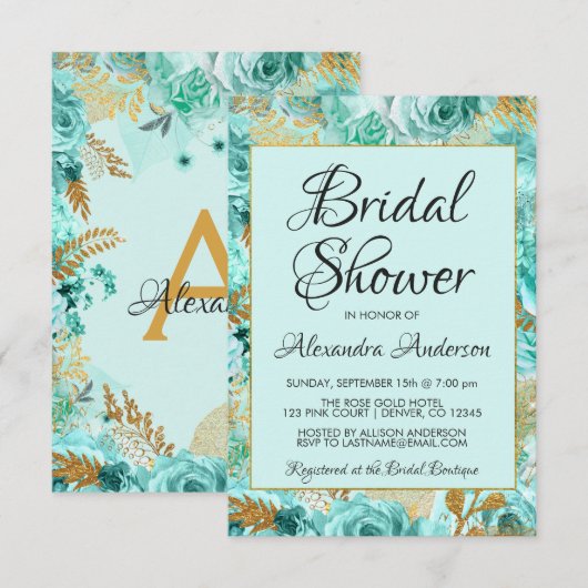 Blauwgroen Rozen Vrijgezellenfeest monogram Kaart (Voorkant / Achterkant)