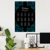 Blauwgroen Rozen Zwarte Gothic Wedding Seating Cha Poster (Thuiskantoor)