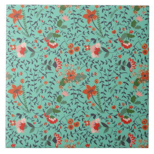 Blauwgroen Rust Blue en roze Floral Pattern Tegeltje