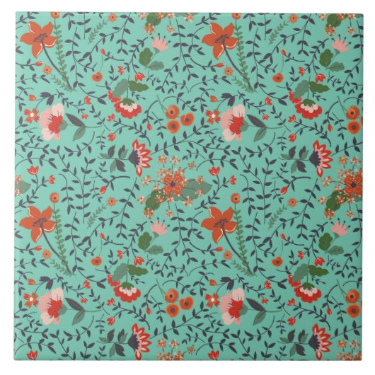 Blauwgroen Rust Blue en roze Floral Pattern Tegeltje (Voorkant)
