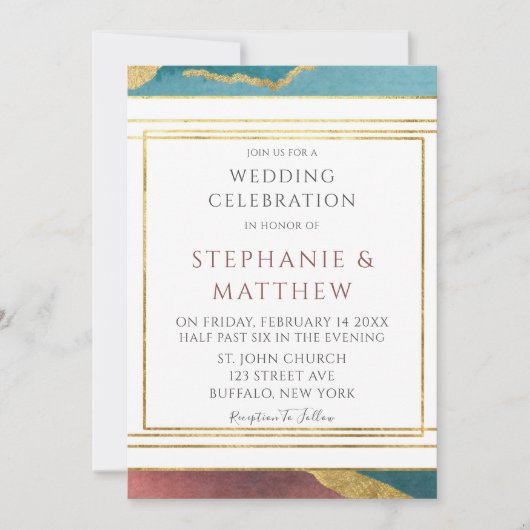 Blauwgroen Rust Copper Agate Gold Geometric Weddin Kaart (Voorkant)