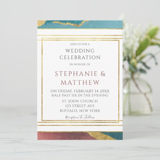 Blauwgroen Rust Copper Agate Gold Geometric Weddin Kaart (Staand voorkant)