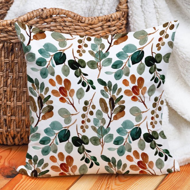 Blauwgroen Rust Sage Green Leaves White Herfst her Kussen (Teal and rust watercolor leaves on white pillow)