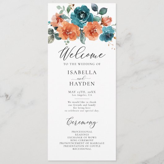 Blauwgroen Rust Sinaasappel Bloemen Rustieke Water Programmakaart (Voorkant)