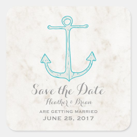 Blauwgroen Rustic Anchor Save the Date Vierkante Sticker (Voorkant)