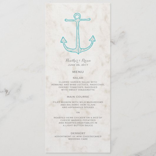Blauwgroen Rustic Anchor Wedding Menu (Voorkant)