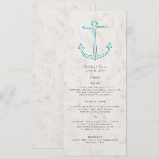 Blauwgroen Rustic Anchor Wedding Menu (Voorkant / Achterkant)