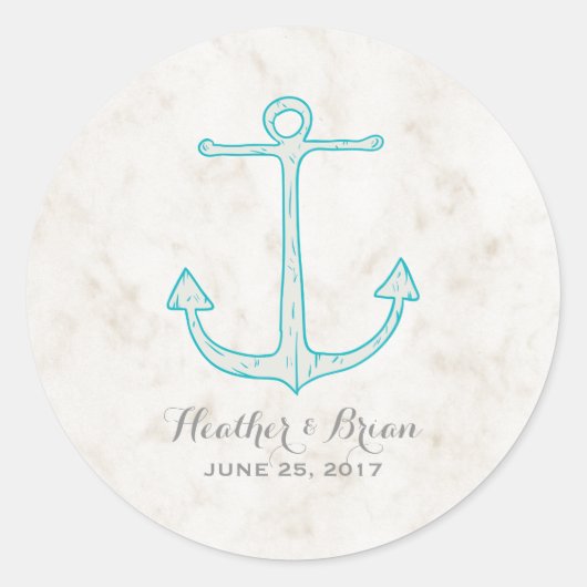 Blauwgroen Rustic Anchor Wedding Ronde Sticker (Voorkant)