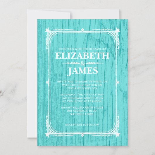 Blauwgroen Rustic Barn Wood Wedding Invitations Kaart (Voorkant)