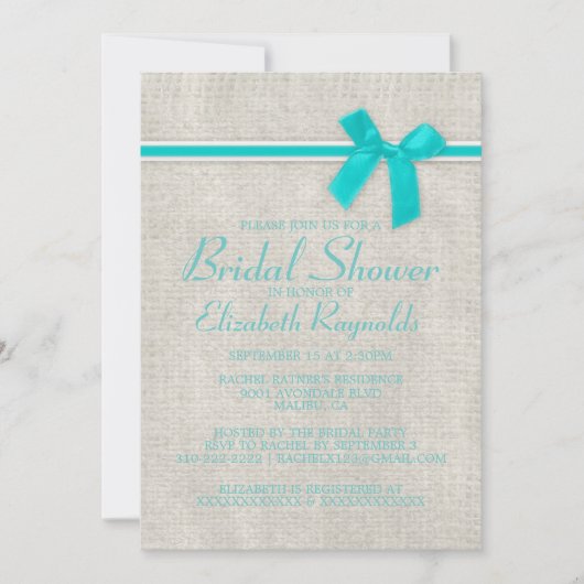 Blauwgroen Rustic Burlap Bridal Shower-uitnodiging Kaart (Voorkant)
