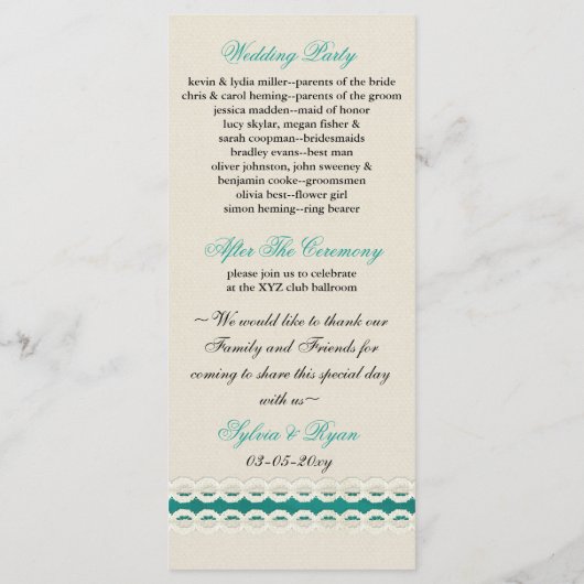 Blauwgroen Rustic burlap en lace country bruiloft Programmakaart (Achterkant)