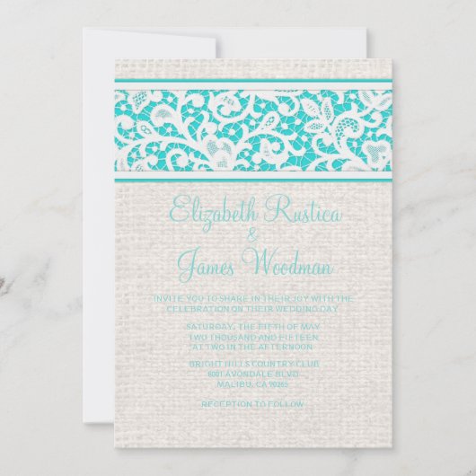 Blauwgroen Rustic Burlap & Linen Wedding Invitatio Kaart (Voorkant)