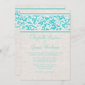 Blauwgroen Rustic Burlap & Linen Wedding Invitatio Kaart (Voorkant / Achterkant)