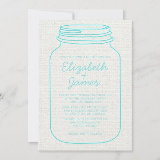 Blauwgroen Rustic Burlap Mason Jar Wedding Invitat Kaart (Voorkant)