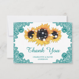 Blauwgroen Rustic Chic Lace Sunflower Wedding Bedankkaart